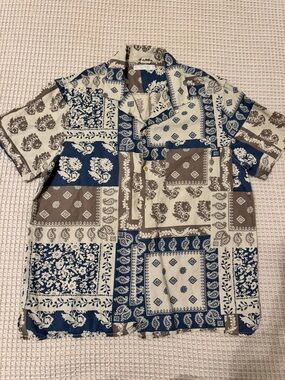 Lucky Brand Men's Patchwork Print Short Sleeve Shirt - Blue & Brown